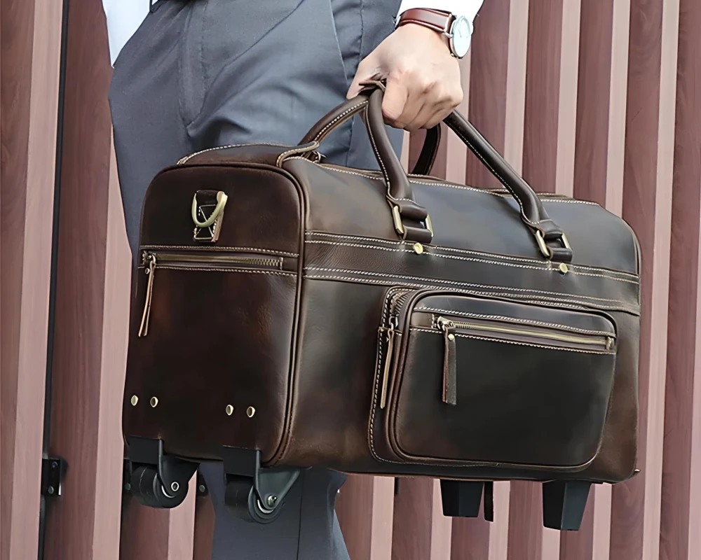 leather carry on duffel bag with wheels